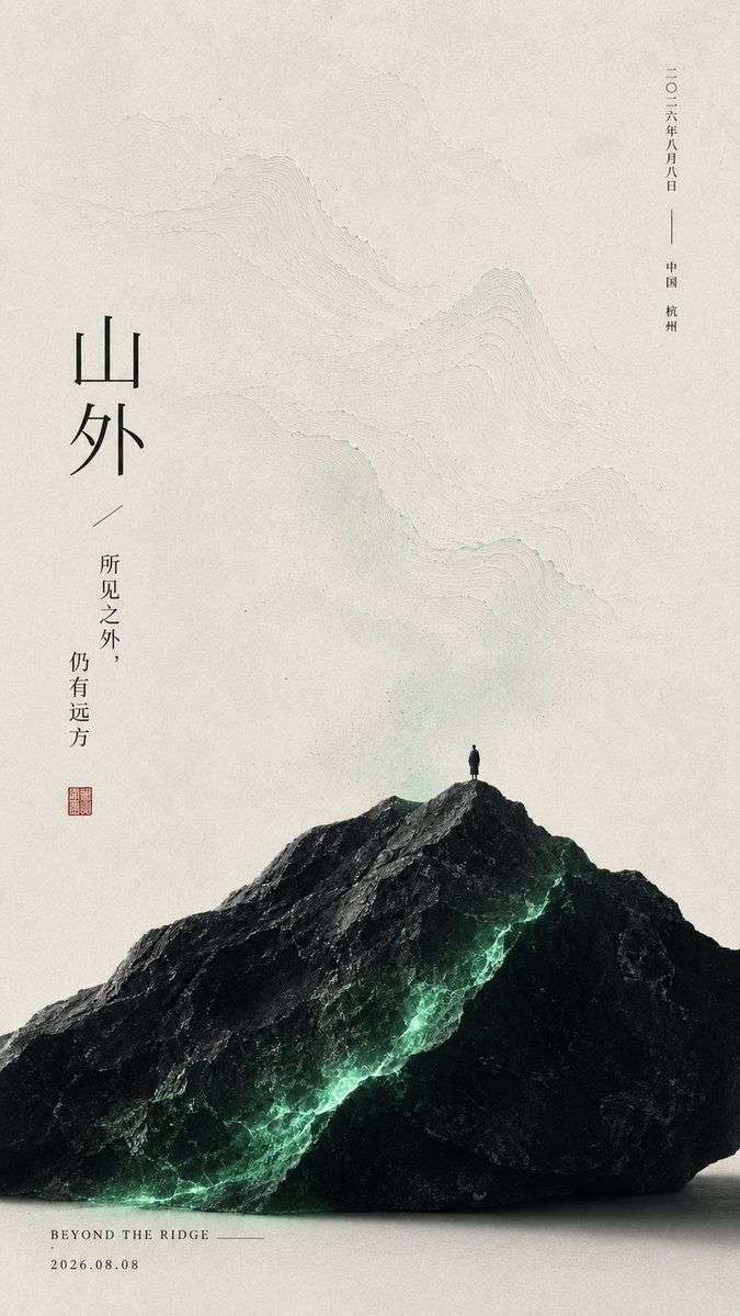 东方意境海报：巨石微光与伫立人影的艺术视觉