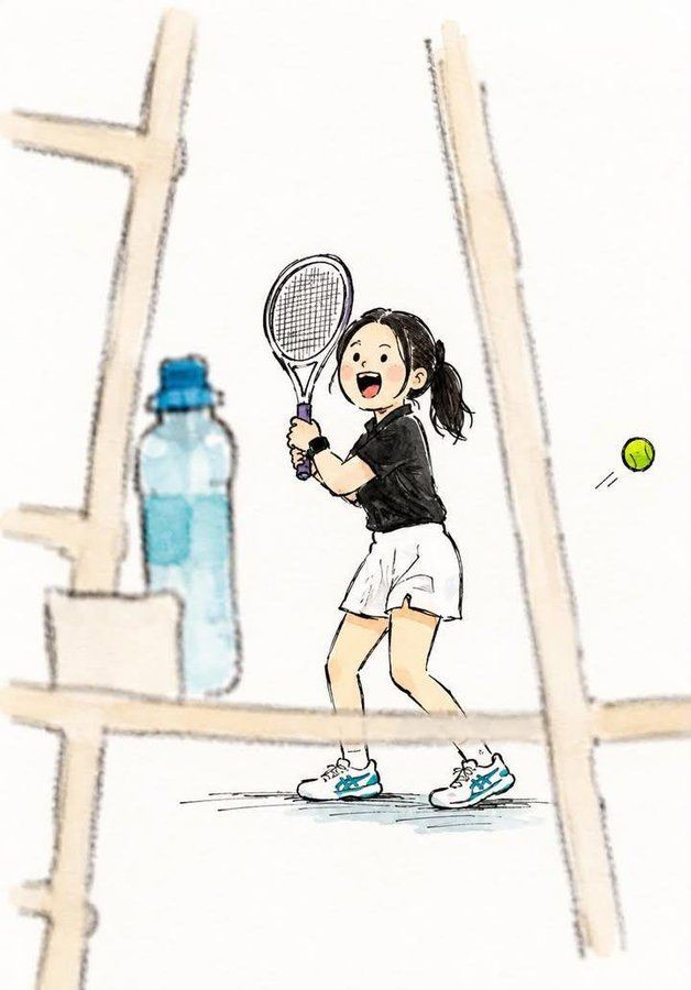 极简手绘涂鸦风打网球女孩卡通插画