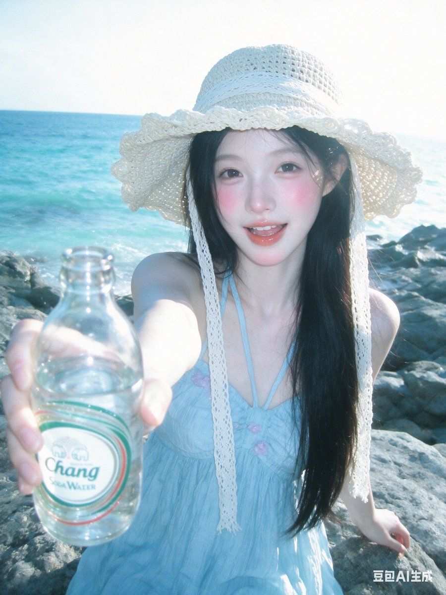 海边递汽水的草帽少女夏日清新人像