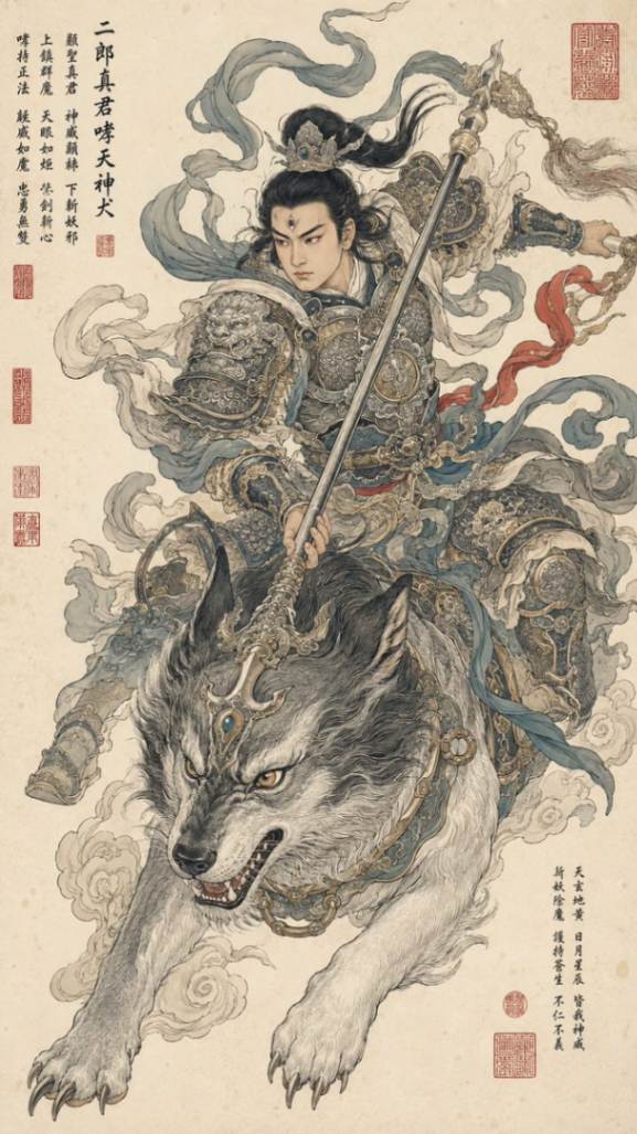 二郎真君跨骑神兽持枪古风神像