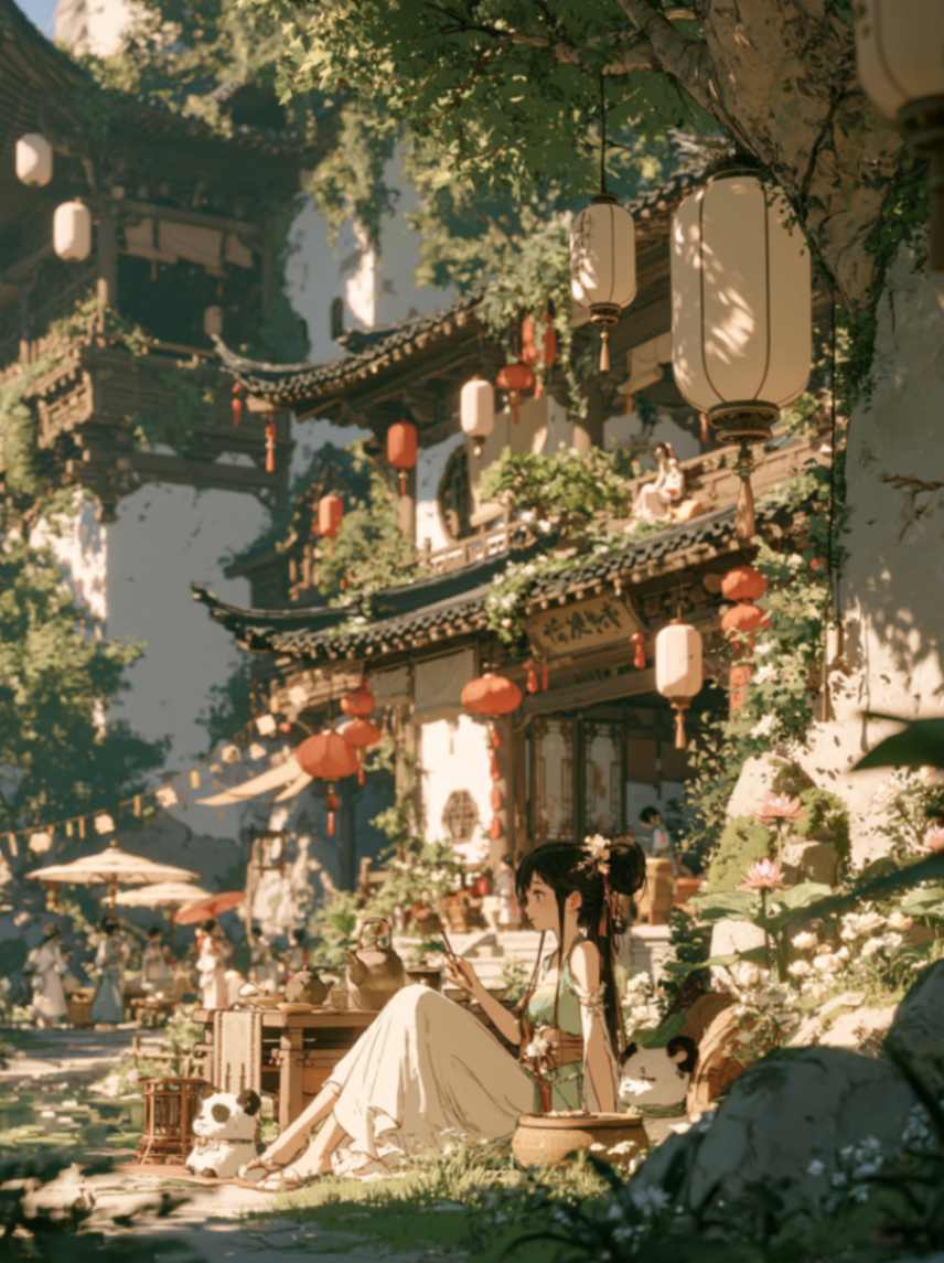 身着汉服的少女在古镇庭院中品茶