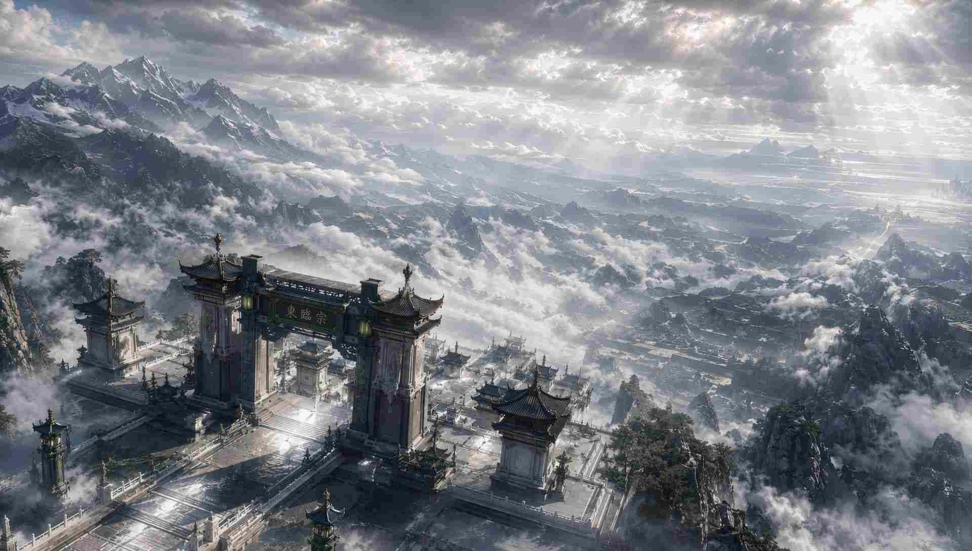 云海之上的东方玄幻宗门，雪山环绕的宏伟山门