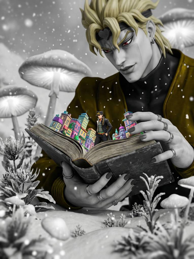 巨手翻书现微型奇幻世界， Dio凝视书中Jotaro