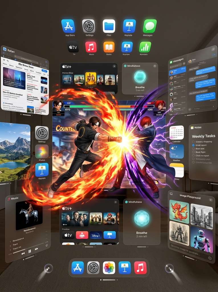 Apple Vision Pro 空间计算界面：拳皇角色全息激战