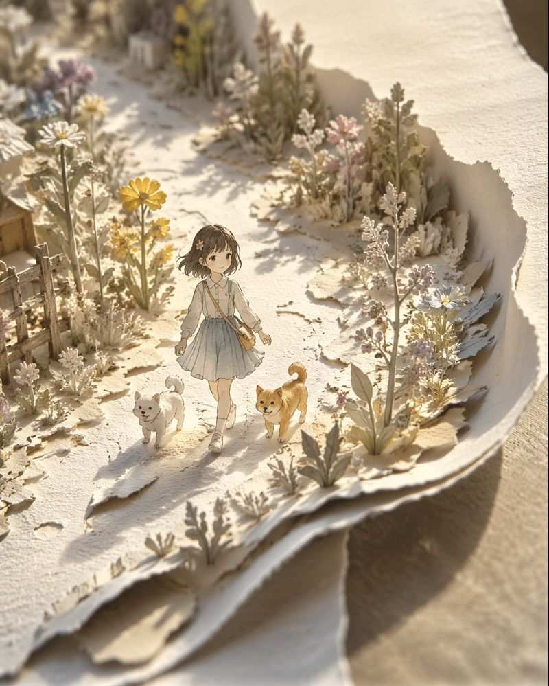 纸雕微缩世界：日系女孩与小狗的午后漫步