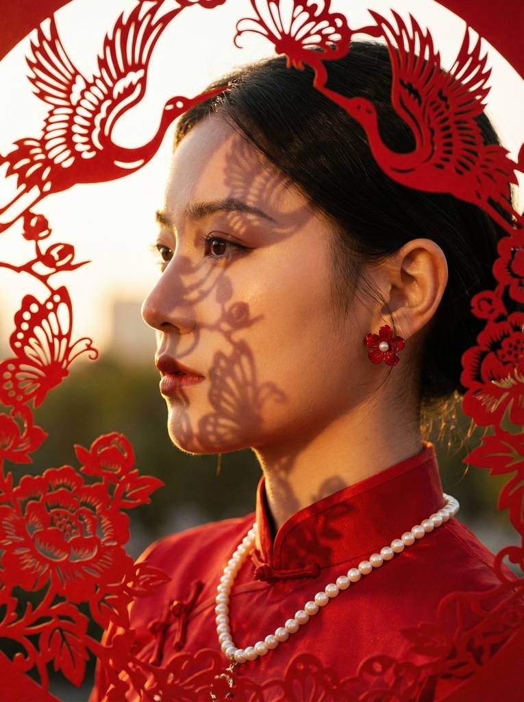 新中式红裙美人侧颜特写，剪纸光影梦幻