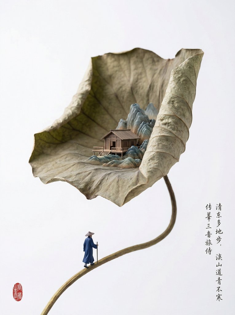 松针上的微缩古寺与行僧，国风超现实意境