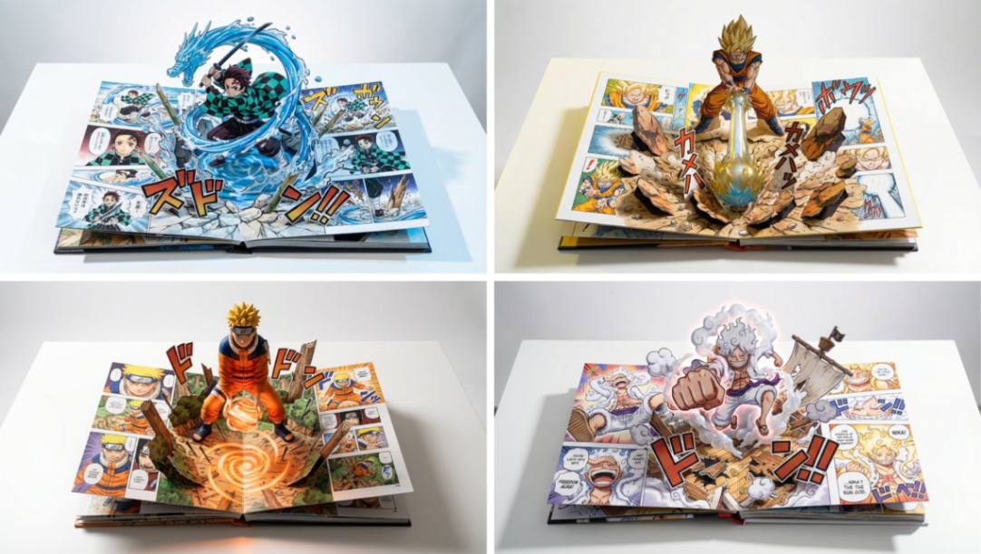 四款动漫角色立体书弹出场景，70度俯拍产品展示