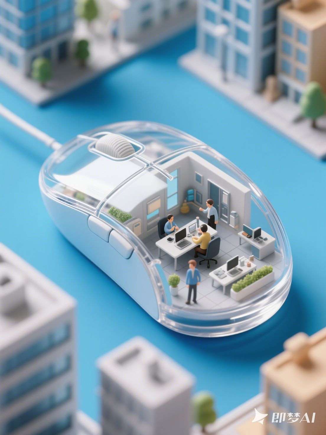 透明鼠标中的办公室场景3D渲染图