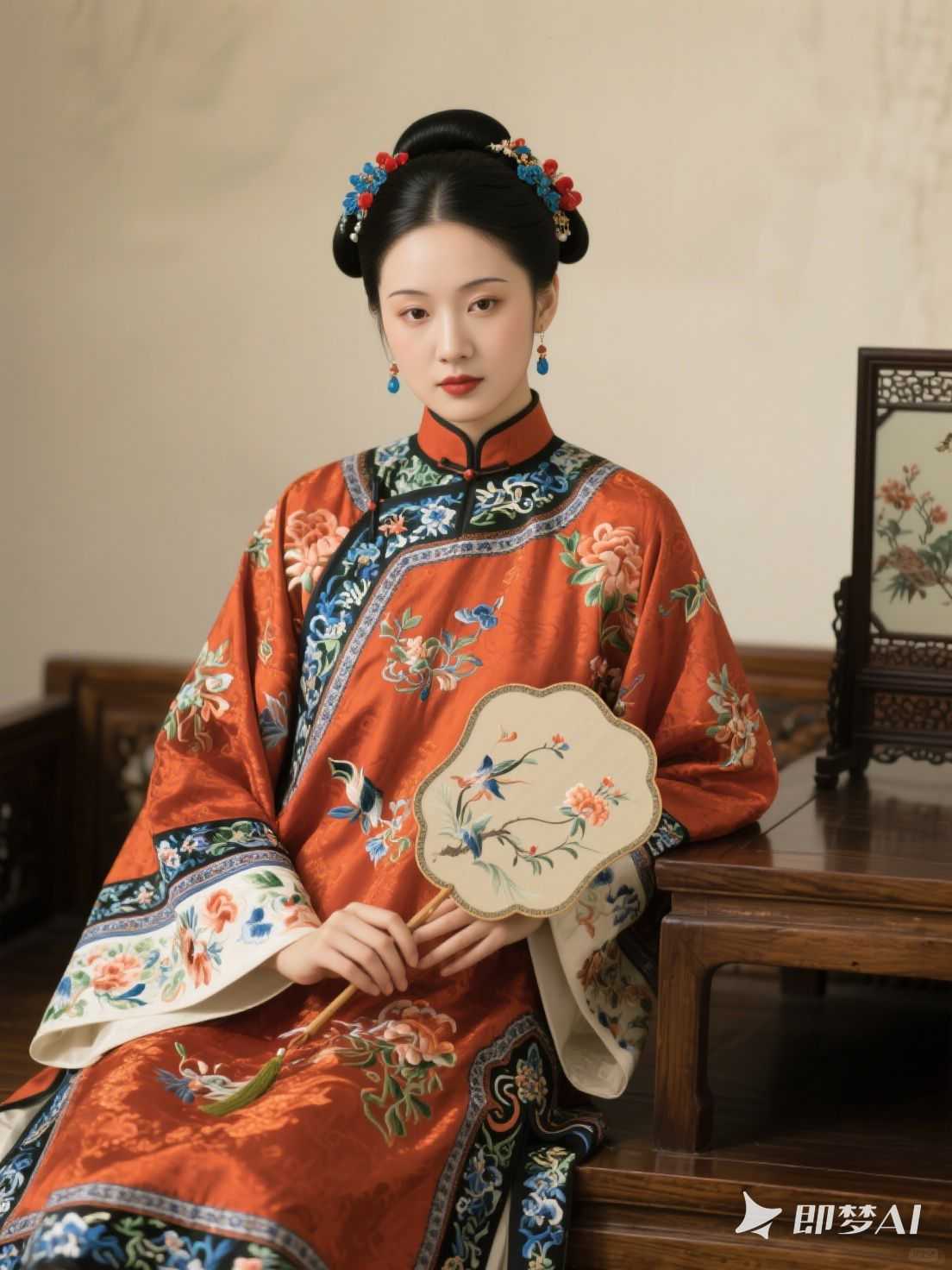 古典女子身着华服手持团扇