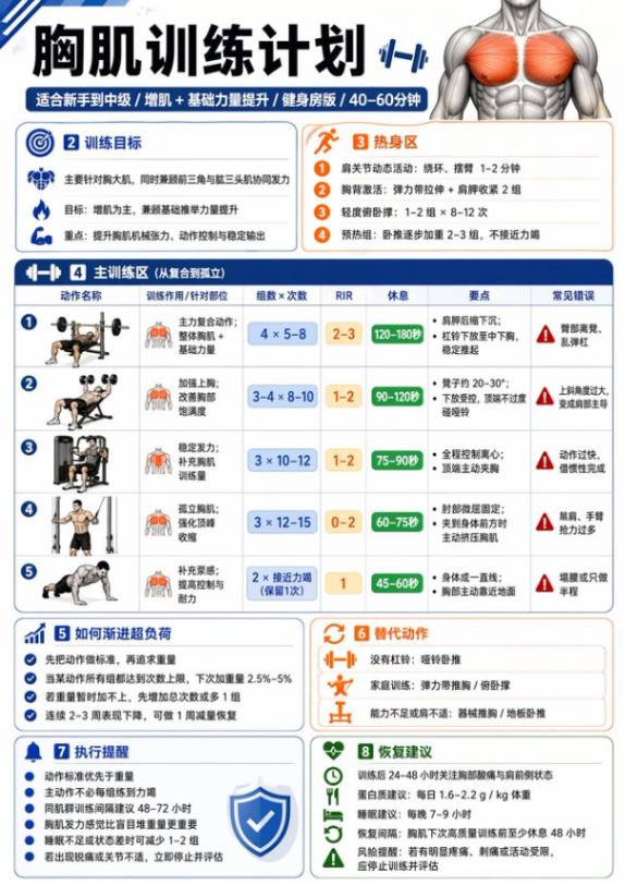 胸肌训练计划信息图，包含热身与主练动作
