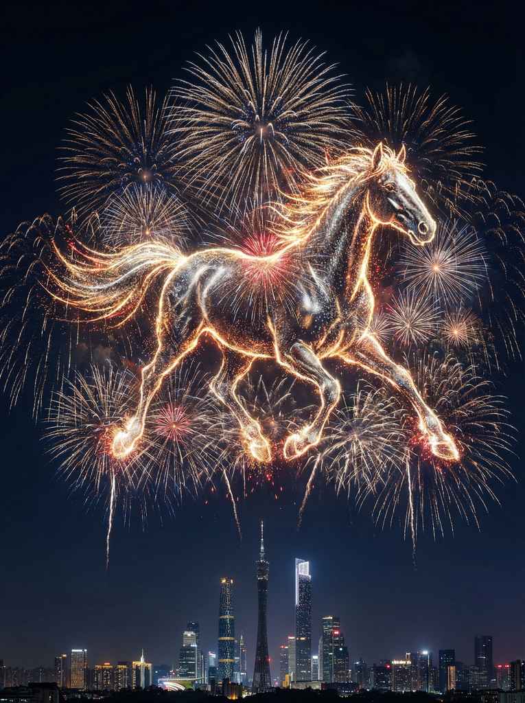 广州夜空烟花绘《奔马图》，国风盛景