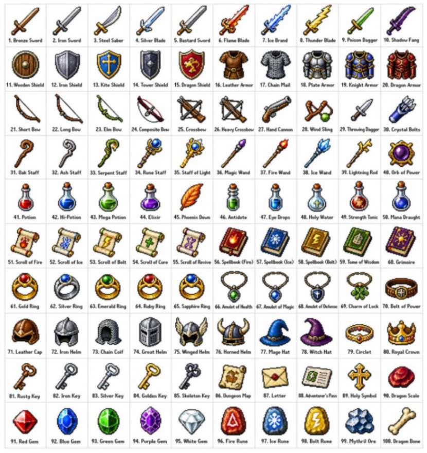 100种经典像素风格奇幻RPG物品图标集合
