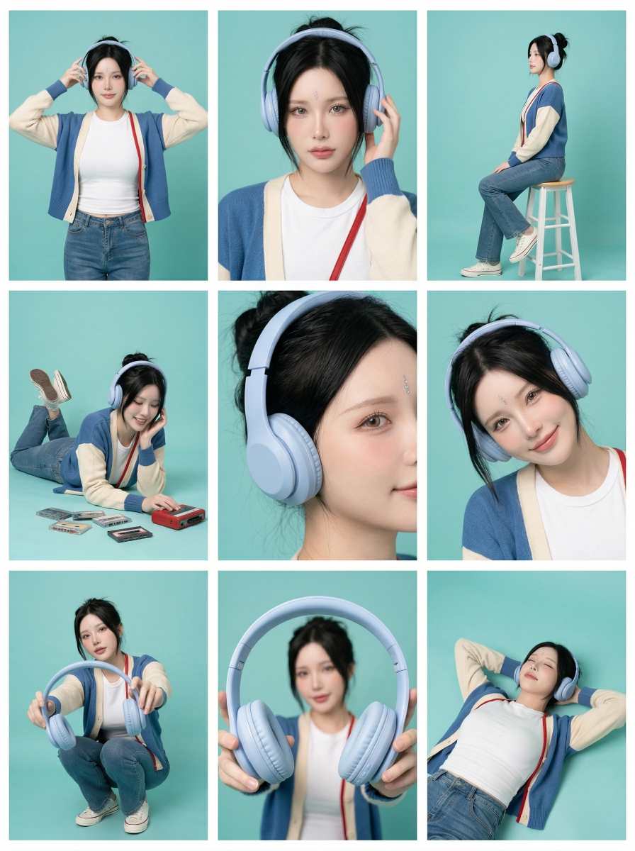 清新影棚风女性佩戴蓝色耳机九宫格商业摄影