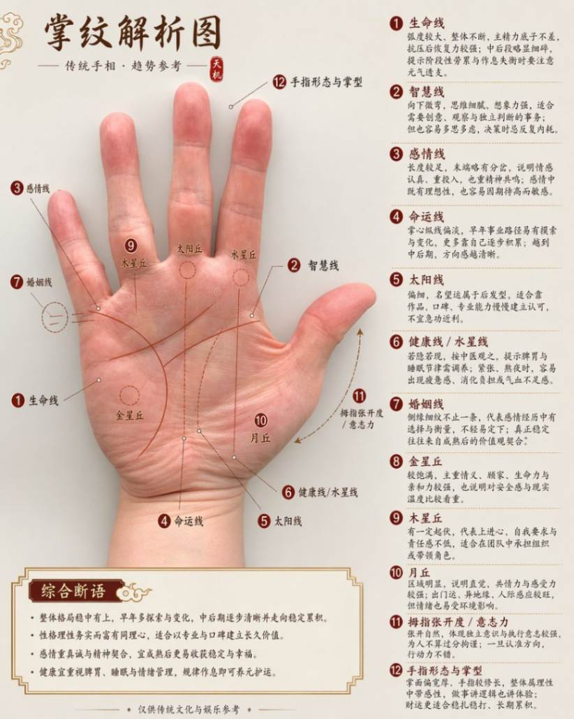 掌纹解析图：传统手相趋势参考与综合断语