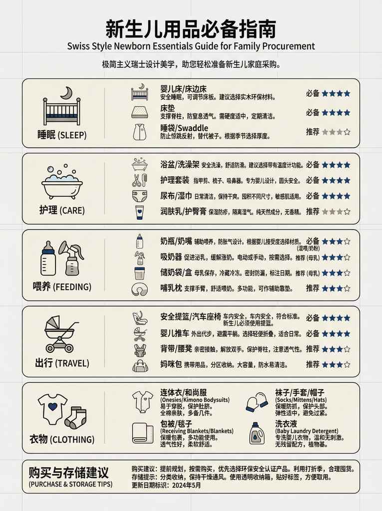 瑞士风格新生儿用品必备指南信息图