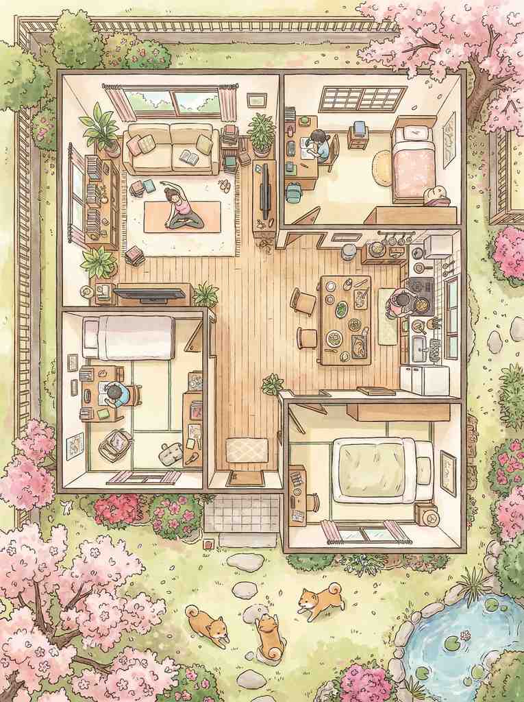 春日日式家庭宅院俯视图插画
