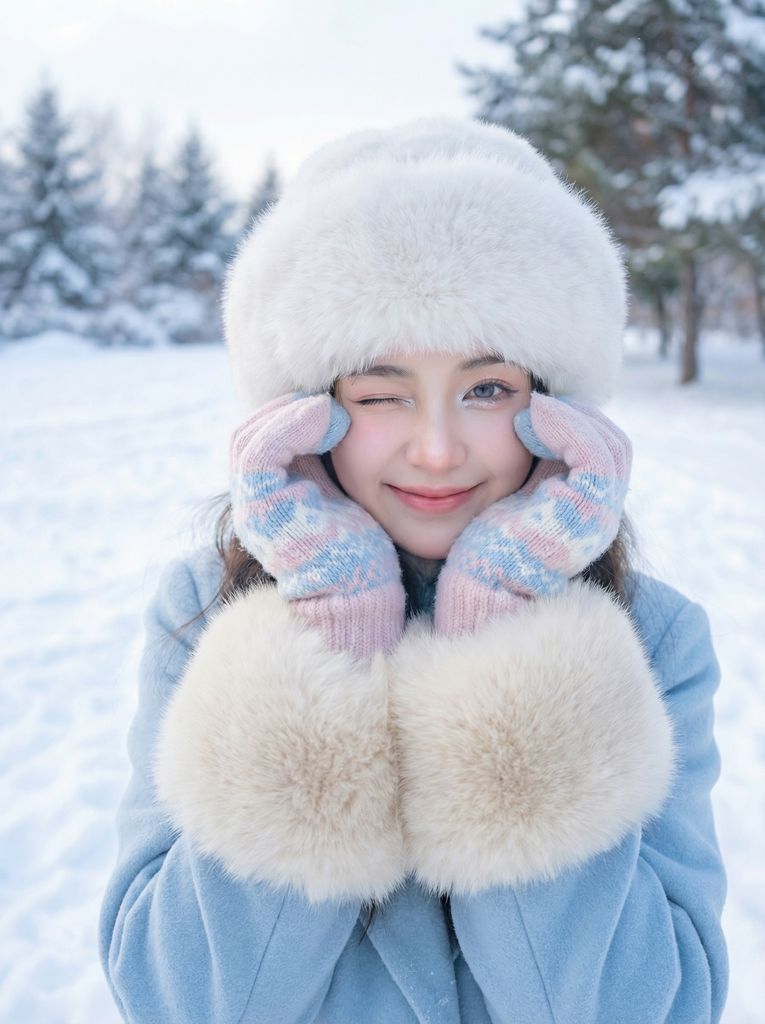 雪地少女比心 wink，冬日甜美写真