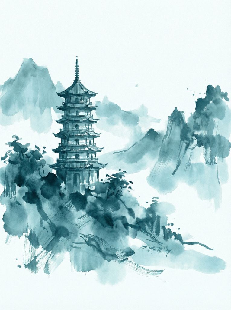 世界著名地标青色单色水墨画