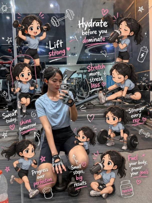 真人照片与Q版卡通健身女孩拼贴插画
