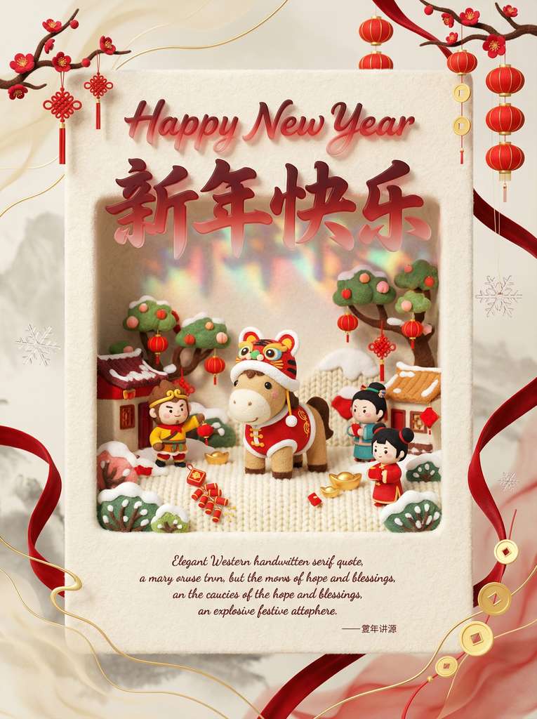 国风毛毡新年贺卡：萌马送福，雪景欢庆