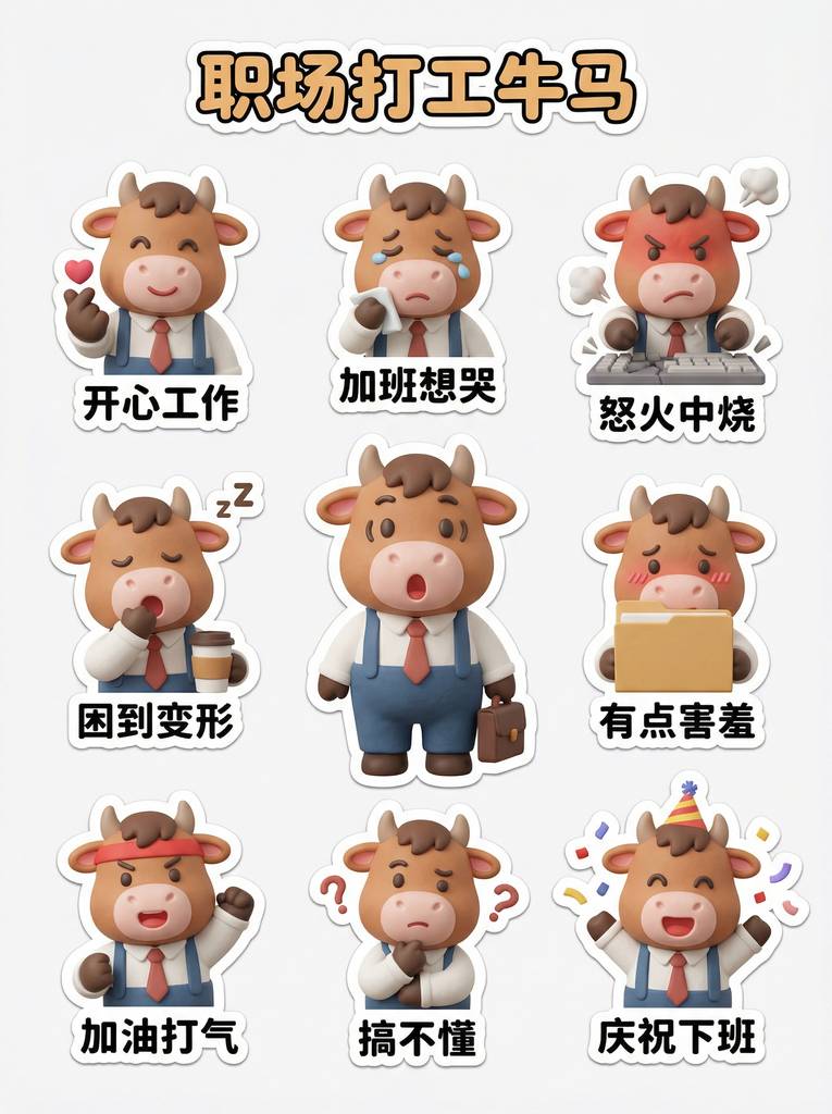 3D职场牛马表情包贴纸，Pop Mart盲盒风格