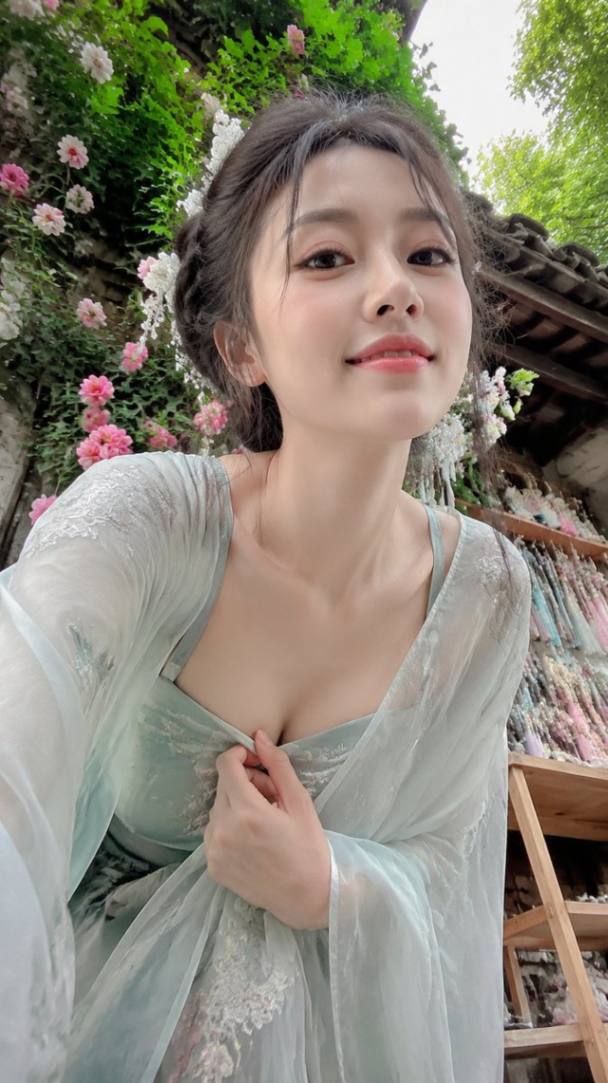 身穿青色古风服饰的女子在花墙前自拍