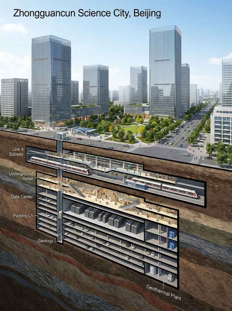 立体剖面城市规划图：地面与地下设施全展示
