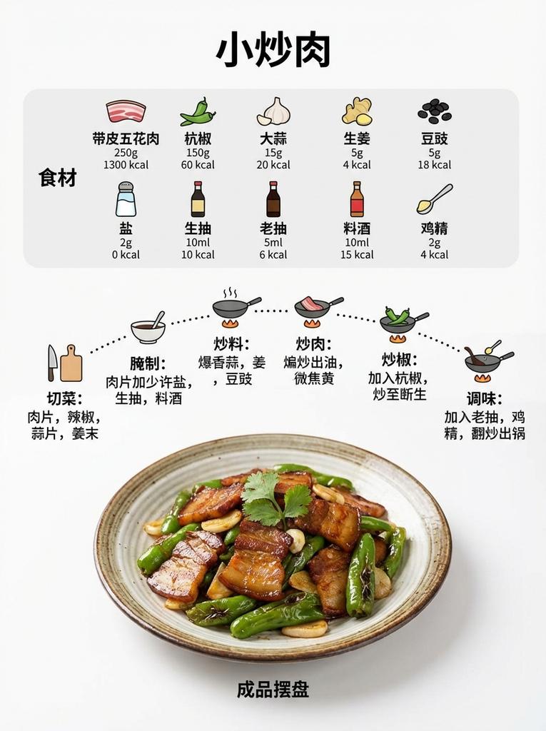 小炒肉极简菜谱信息图（俯视图）