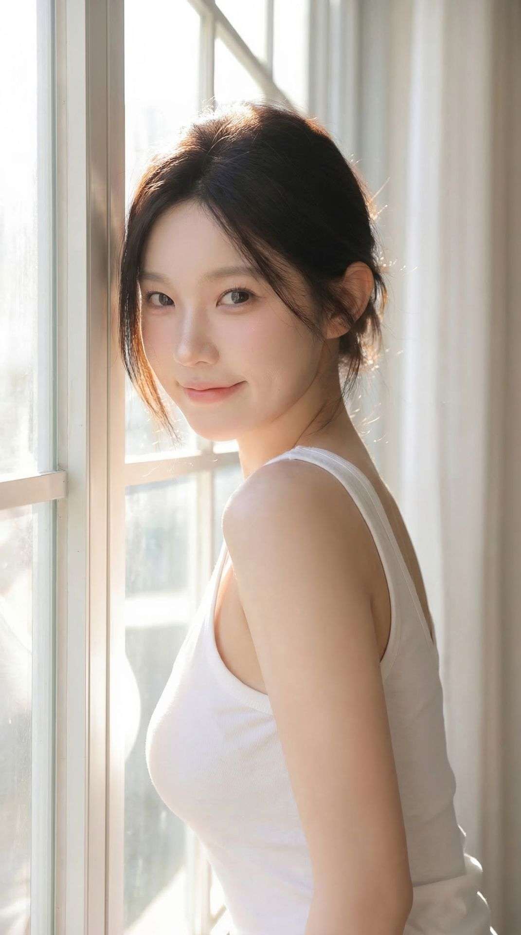 窗边逆光少女：温柔微笑的K-pop风格写真
