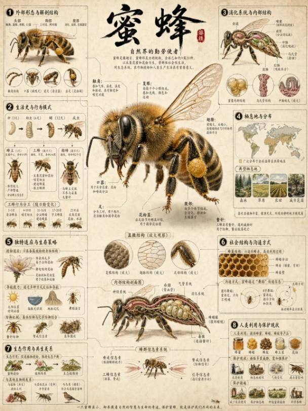 蜜蜂生物学解剖结构与生态科普海报