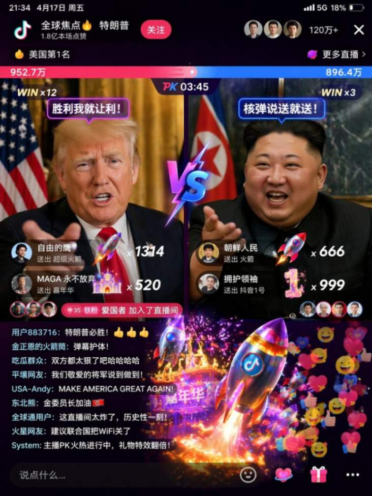 抖音直播间PK截图：特朗普与金正恩的虚拟对决