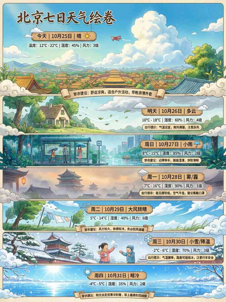 北京七日天气插画预报，国风场景温馨呈现