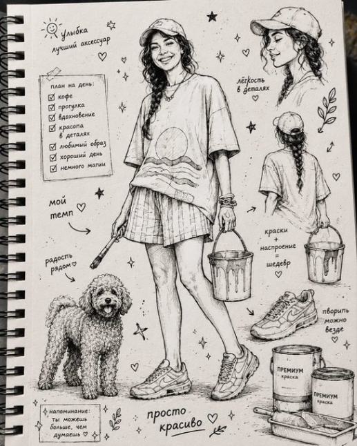 手绘速写风格少女与宠物狗及涂鸦元素