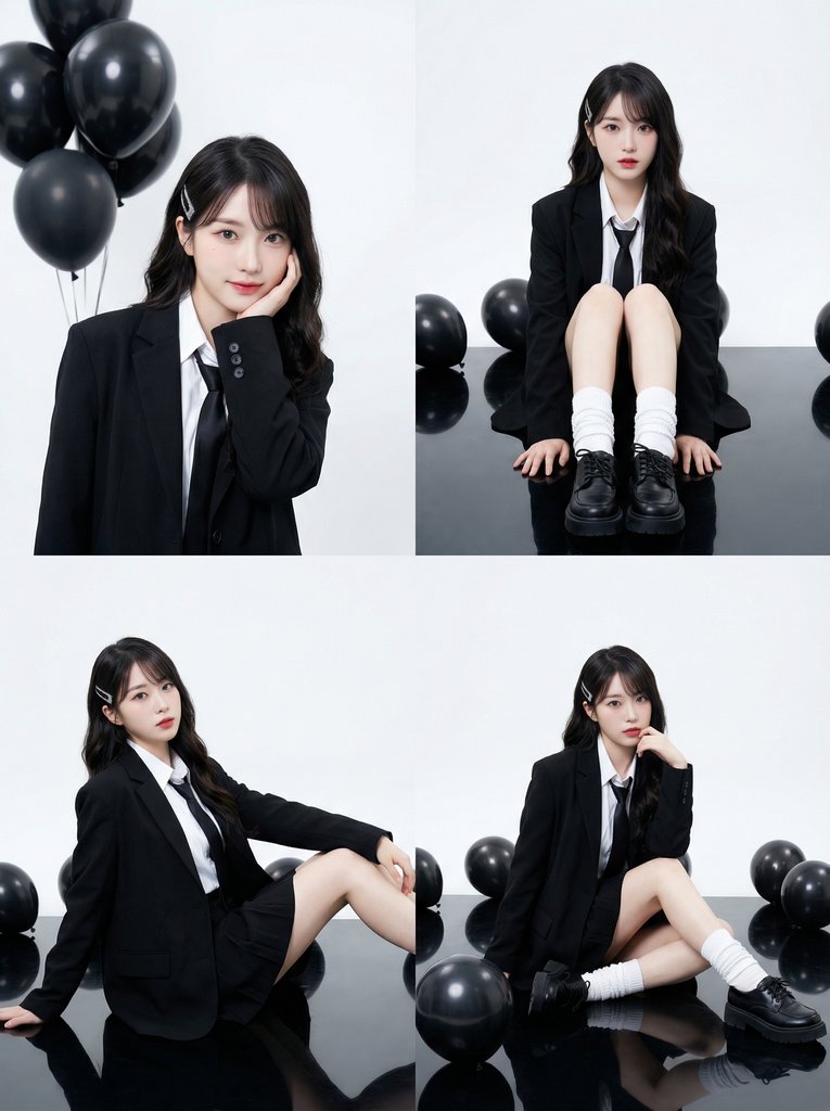 黑西装少女四格写真，高对比影棚风
