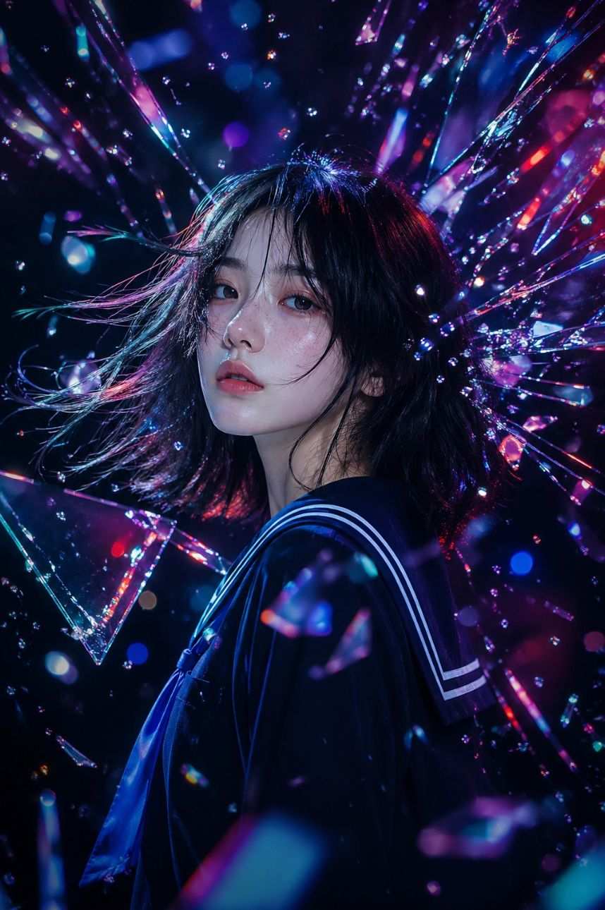 赛博朋克风格少女肖像，霓虹光影与破碎特效