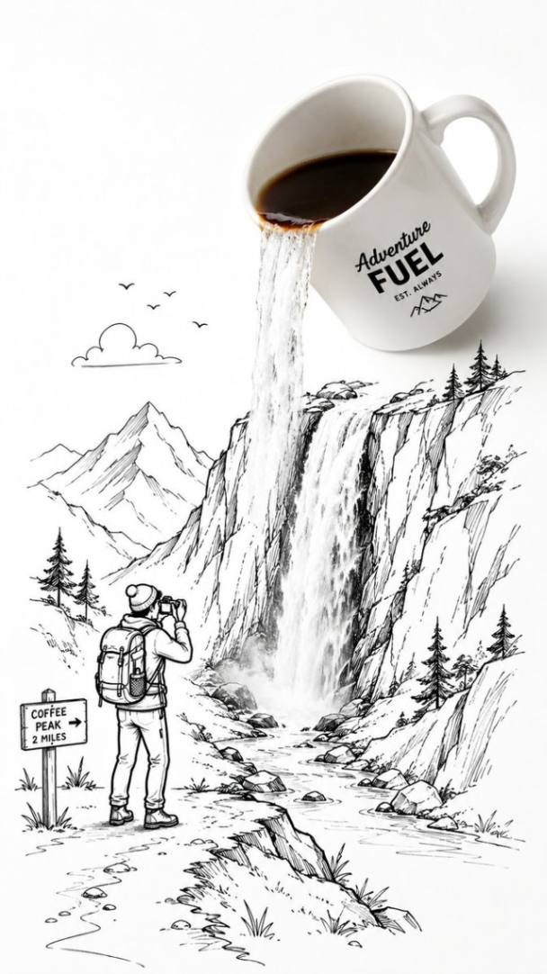 咖啡瀑布与登山者手绘插画