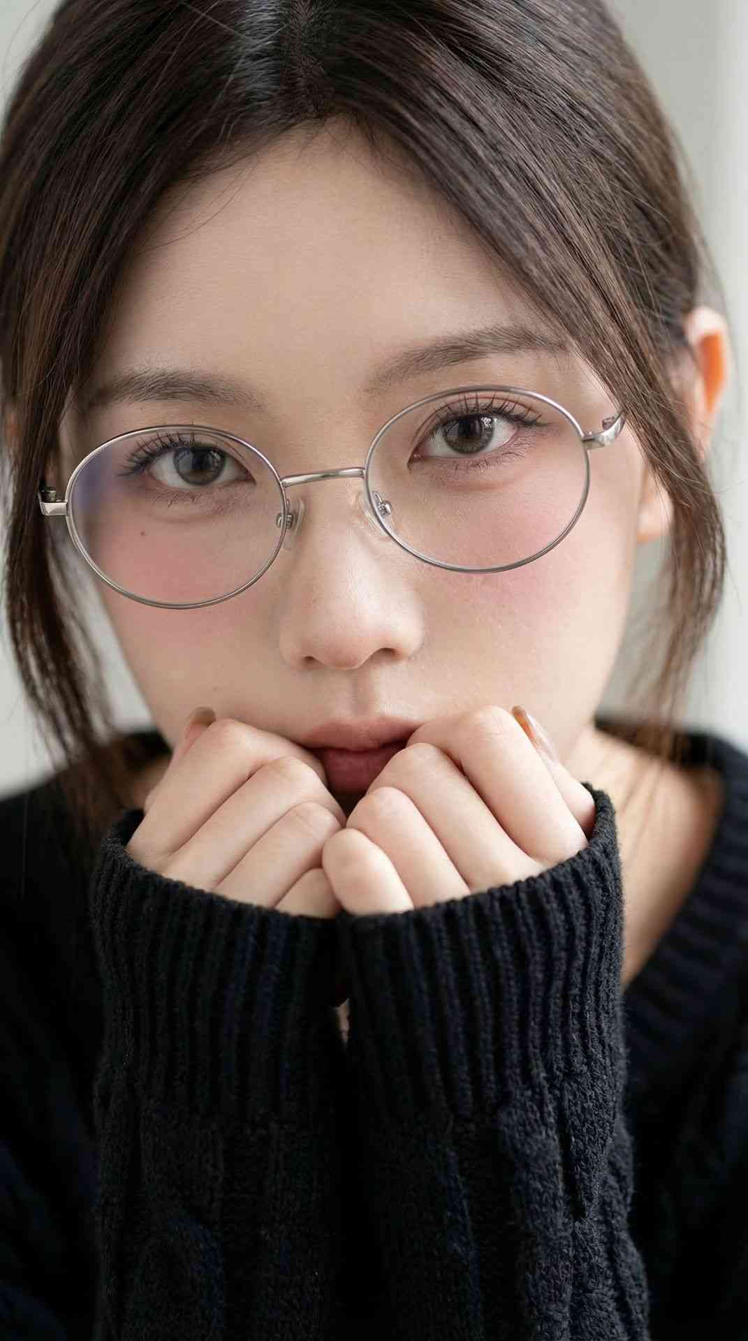 戴眼镜的东亚女性肖像，手托下巴凝视镜头
