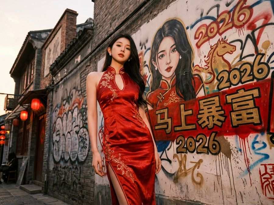 街头壁画前的微笑女子：2026新年祈愿