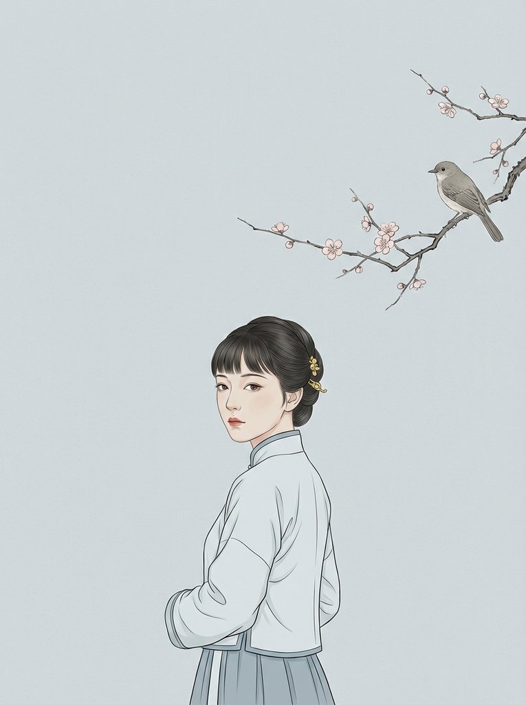 明制工笔少女回眸，疏梅喜鹊点景图