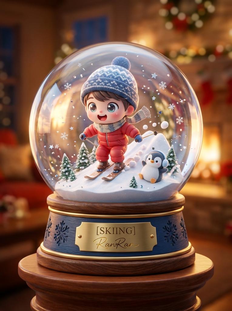 滑梯上的童趣雪 globe，Chibi女孩与萌宠的微缩世界