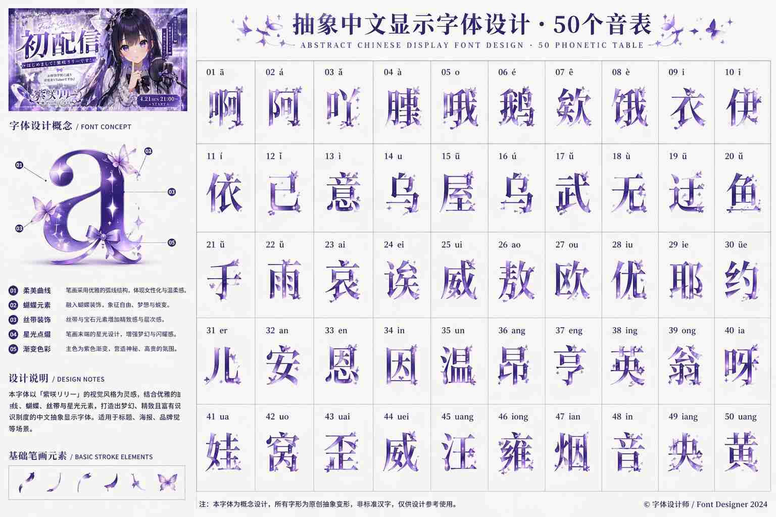 紫罗兰色抽象中文显示字体设计与50音表