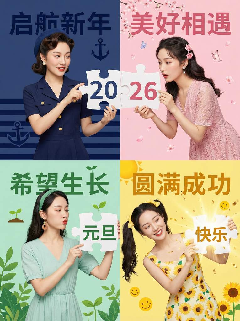 四格拼图少女：2026元旦快乐主题时尚写真