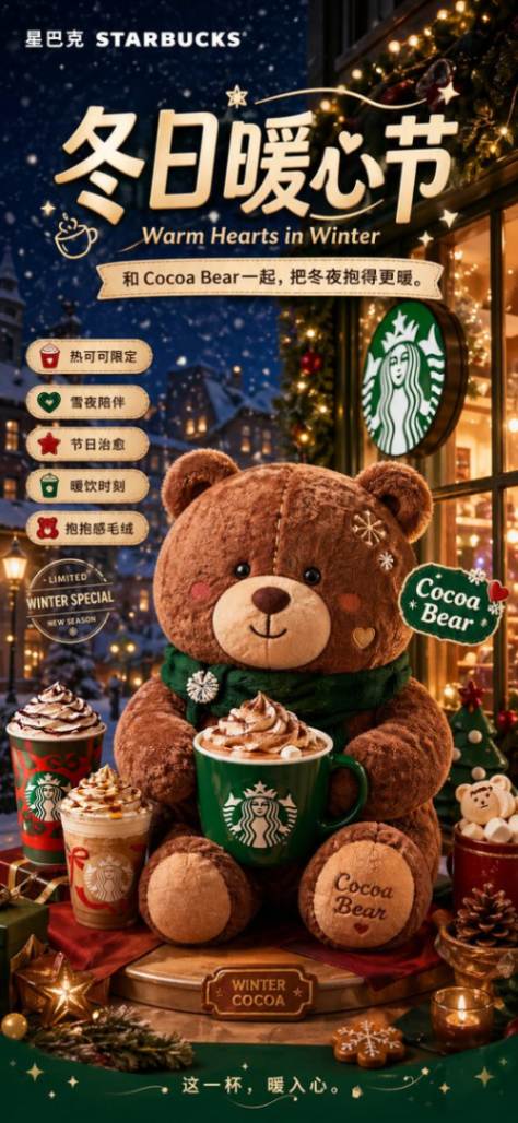 星巴克冬日暖心节海报，Cocoa熊怀抱热可可