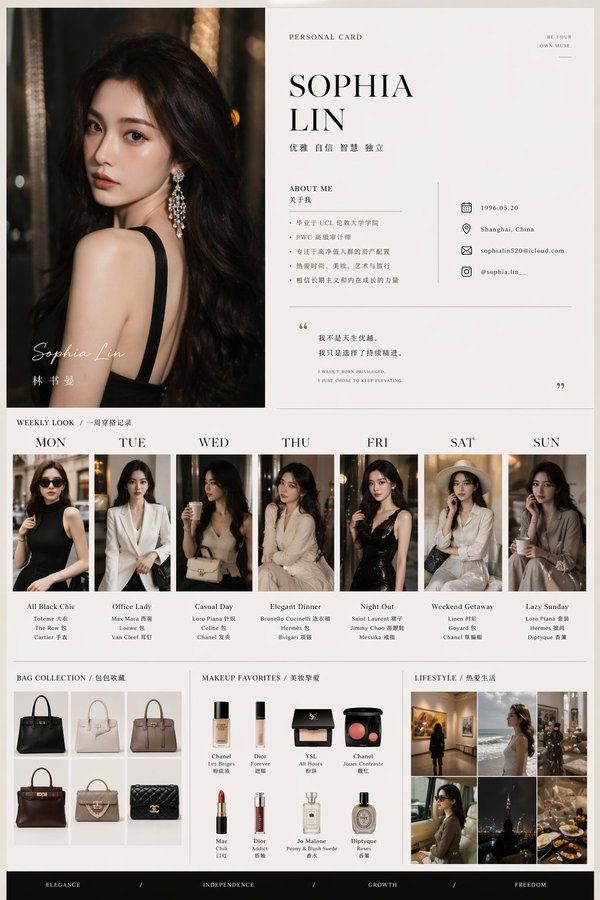 优雅女性个人名片与一周穿搭展示