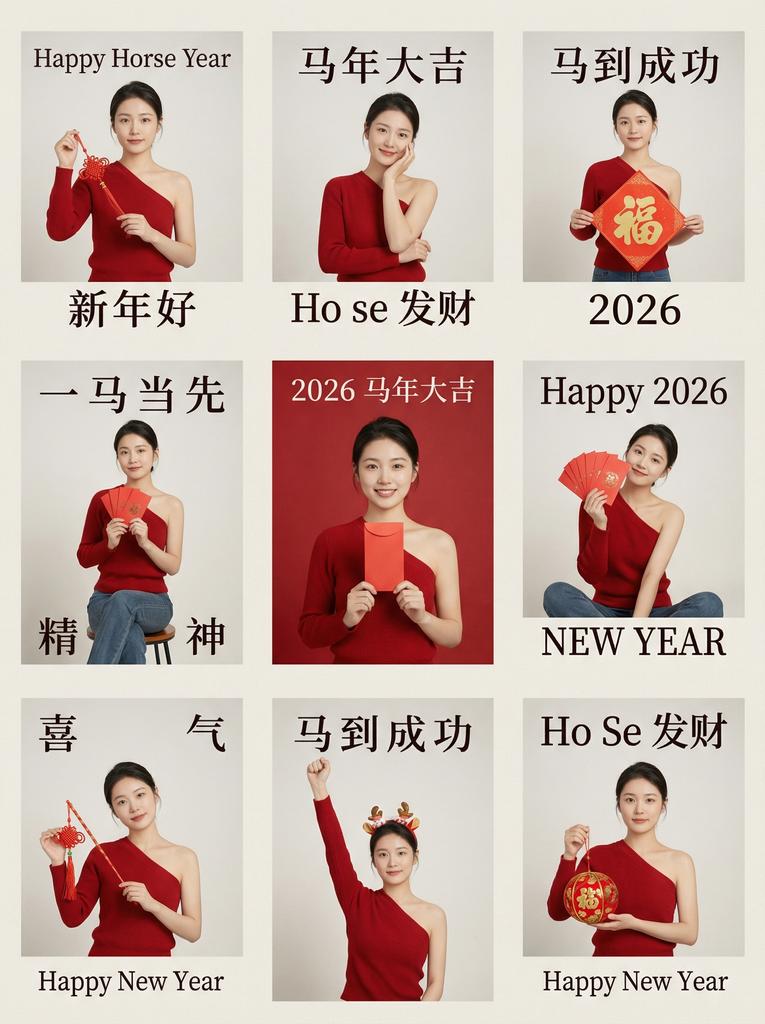 九宫格极简新年马年肖像海报