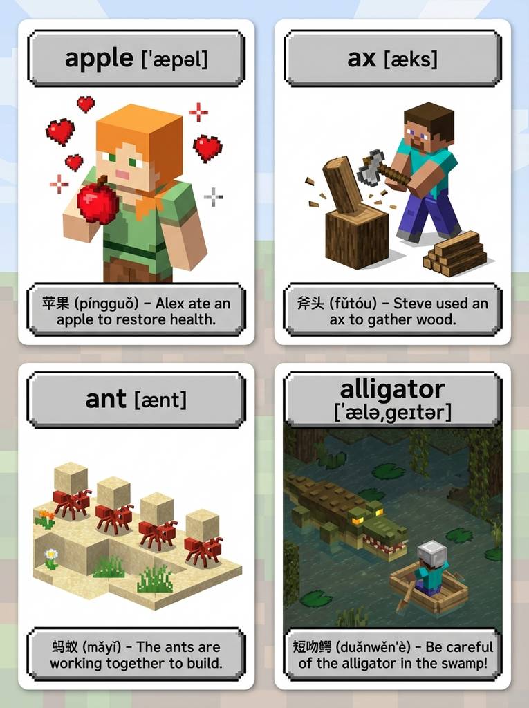 Minecraft主题英语词汇学习卡（4张）