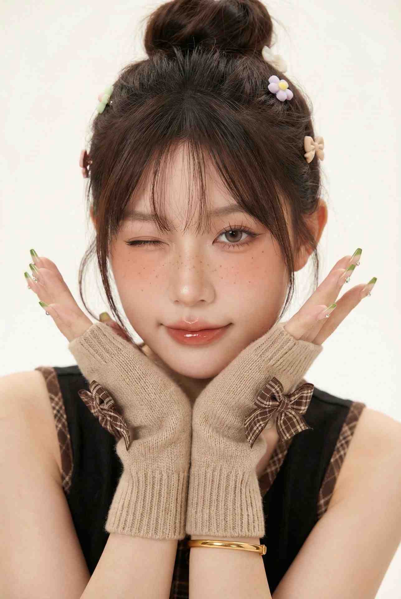 甜酷少女眨眼特写，奶油暖调人像