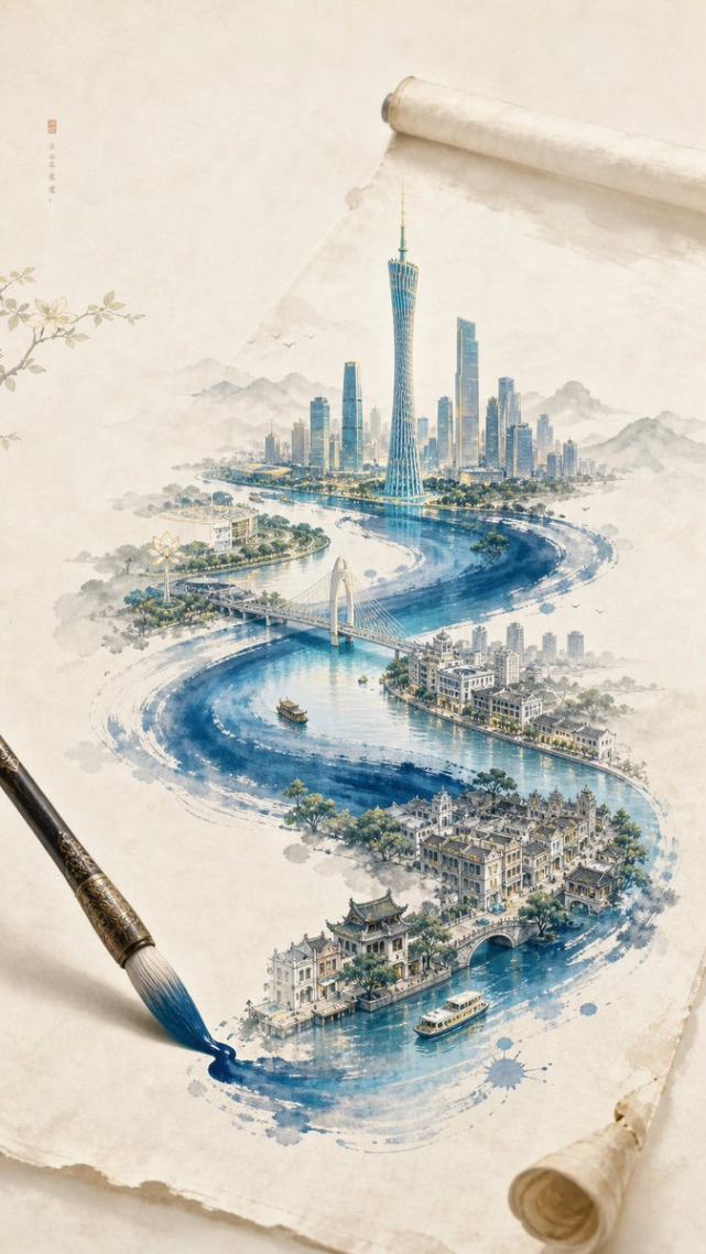 宣纸上由笔墨生长出的广州城市微缩景观