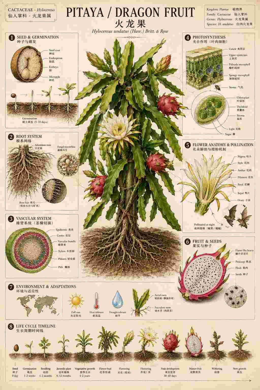 火龙果植物学百科：从种子到果实的全景剖面图